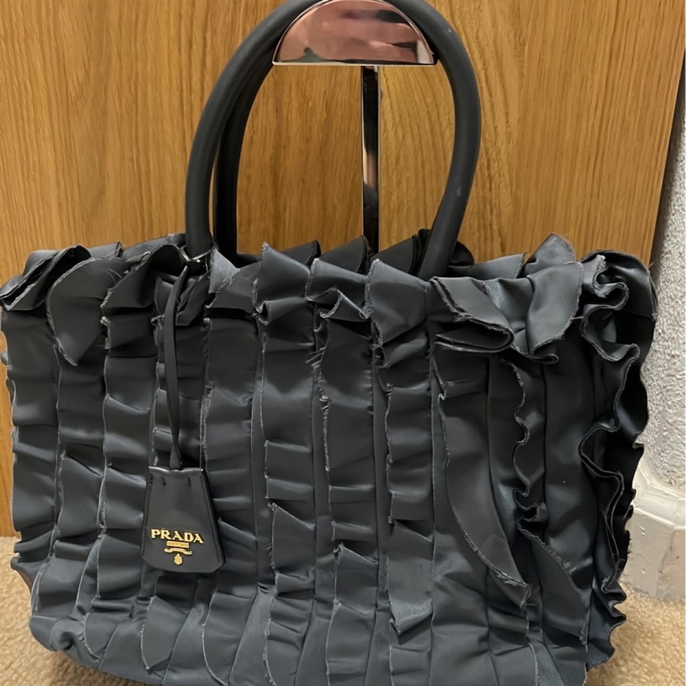 Prada Tessuto Nylon Ruffle Bag Gray Top Handle Tote with ENTRUPY